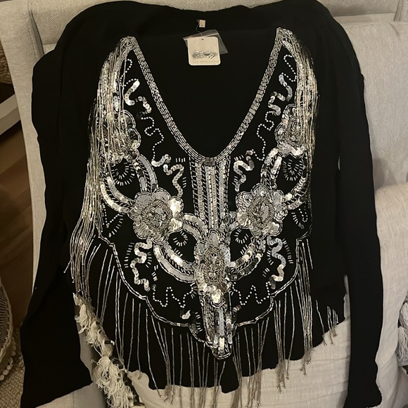 Free People Way Out Embellished Beaded Fringe Top xs - Picture 4 of 4